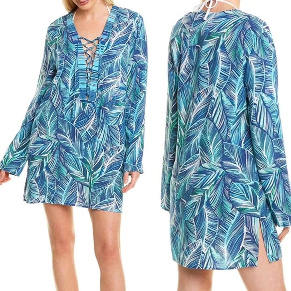 LA BLANCA NWT Sketched Leaves Long Sleeve Tunic Swim Cover-Up Medium